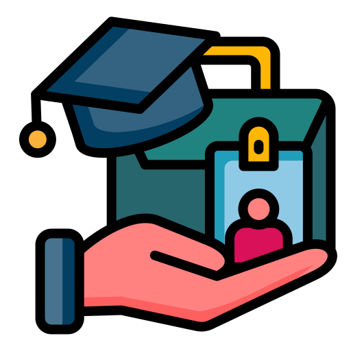 stock image art of a hand holding a briefcase and a work ID, with a graduation cap angled on the briefcase.